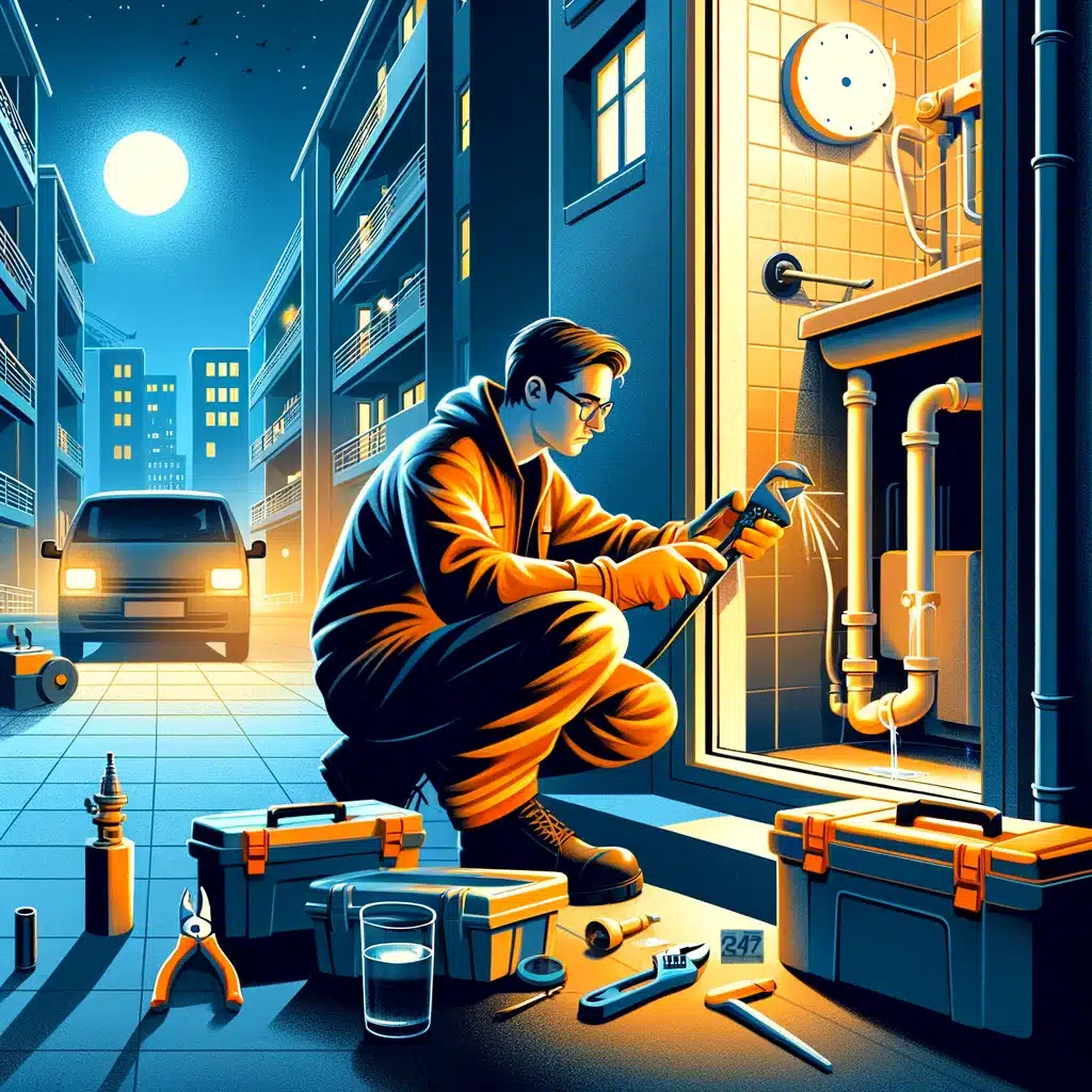 Emergency maintenance in action: A skilled technician addresses a plumbing issue at night within a residential building in Edmonton, showcasing Property Managers Edmonton's commitment to 24/7 availability. This image highlights the team’s readiness and efficiency, ensuring immediate response to maintenance needs, thus maintaining property integrity and tenant satisfaction around the clock.