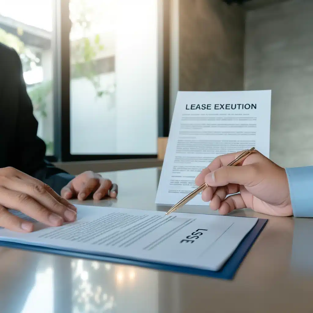 Professional lease execution in Edmonton: A property manager and tenant sign a lease agreement in an organized office setting, illustrating the meticulous and transparent process managed by Property Managers Edmonton. This image conveys the trust and detail-oriented approach essential for securing and maintaining successful tenant relationships.