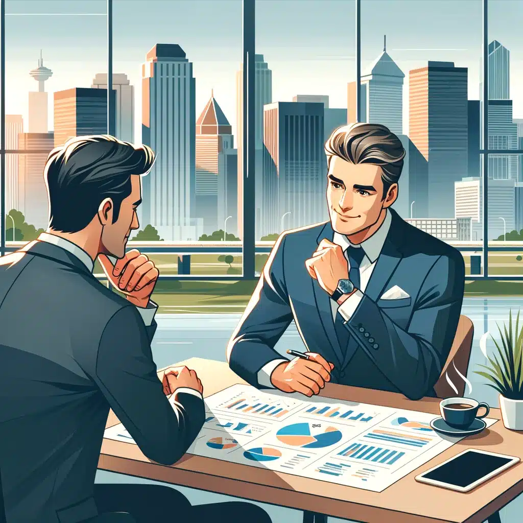 Professional property manager in Edmonton discussing strategic plans with a client in a modern office, with the cityscape in the background. This image symbolizes trust and top-rated property management services, safeguarding investments and saving time for property owners.