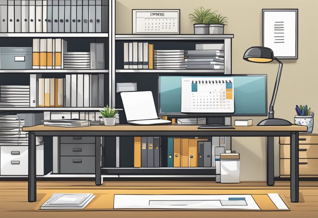 A well-organized home office with a computer, filing cabinet, and calendar. A maintenance log and lease agreements are neatly displayed on the desk