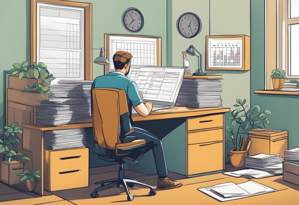 A person reviewing financial records and property maintenance logs in a home office, with a calendar and calculator on the desk