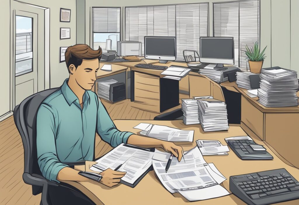 A busy office with a desk, computer, and phone. A stack of papers labeled "Property Management Needs" and a sign reading "Hiring Property Manager."