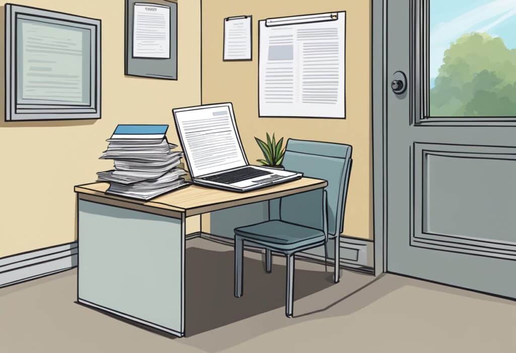 A desk with a laptop, stack of resumes, and a list of interview questions. A "Now Hiring" sign on the door