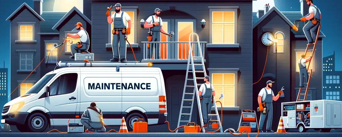 Nighttime scene of a professional maintenance team actively working on a residential building in Edmonton, equipped with tools and a maintenance van. The image captures a worker fixing electrical issues and another handling plumbing, symbolizing the reliable and efficient 24/7 maintenance services provided by Property Managers Edmonton to ensure tenant satisfaction and property care.