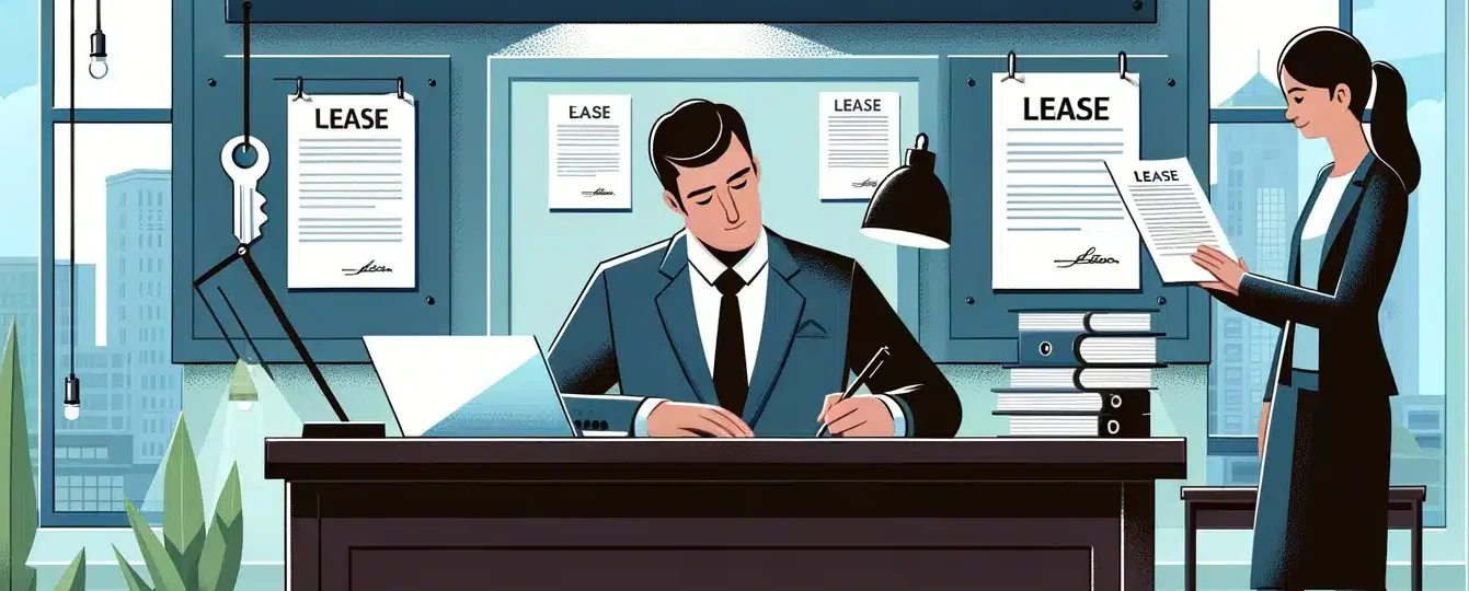 Professional lease signing in an office setting, showing a property manager and a tenant finalizing a rental agreement. The image highlights detailed lease documents and legal papers on a desk, symbolizing the meticulous and trustworthy lease execution services provided by Property Managers Edmonton for residential and commercial properties.