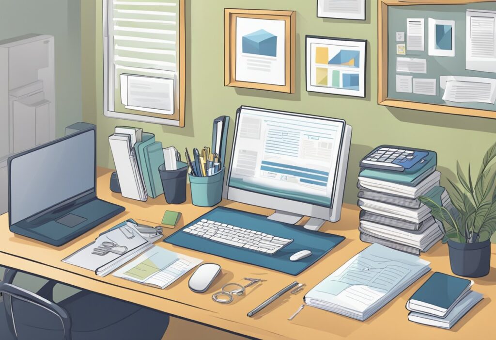 A neatly organized desk with a computer, phone, and paperwork. A set of keys and a property management guidebook are prominently displayed