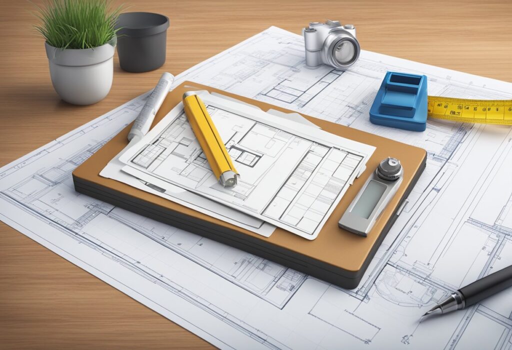 A clipboard with a checklist, a measuring tape, and a camera on a desk next to a building blueprint and floor plans