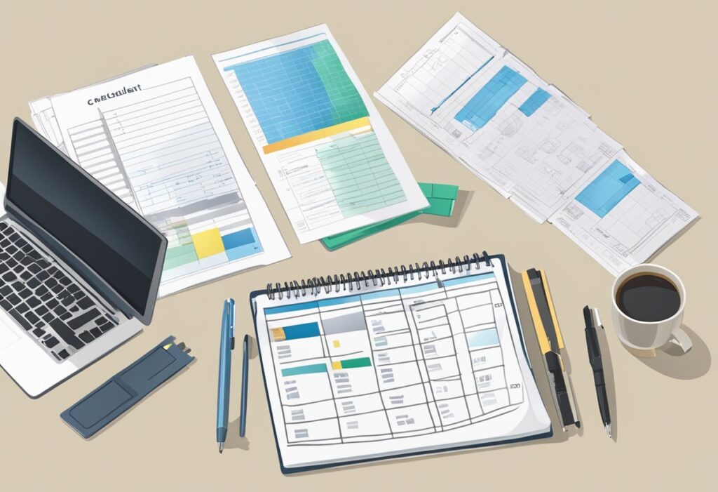 A desk with a checklist, pen, and laptop. A stack of property documents and a floor plan. A calendar marked with audit dates