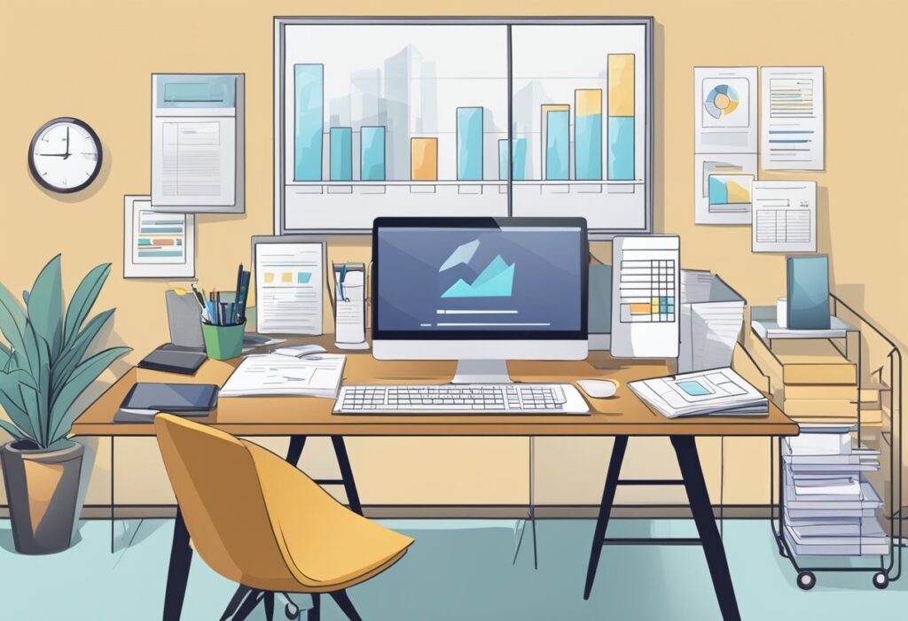 A desk with a computer, files, and charts. A person creating property management reports