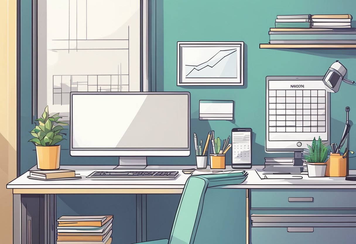 A desk with a computer, papers, and charts. A calendar on the wall. A phone and a pen on the desk. Bright, organized, and professional