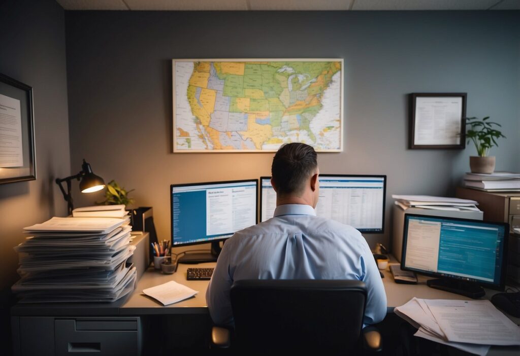 A property manager reviews financial reports and maintenance records in their office, surrounded by filing cabinets and a computer. A map of Edmonton's real estate market hangs on the wall