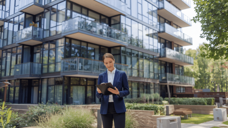 condo management services edmonton professional standing outside of a condo building